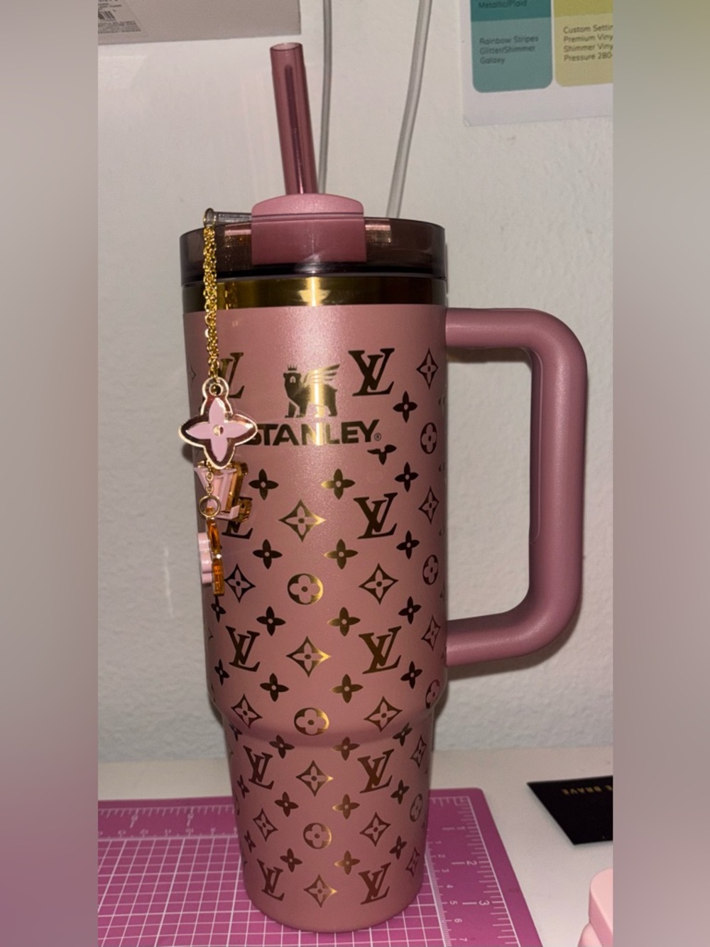 Stanley Pink Monogram Travel Tumbler with Gold Accents 30oz